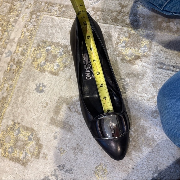 Ferragamo Black Leather Heel Shoes Silver Buckle Logo - Picture 14 of 16